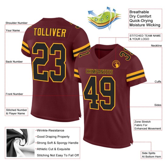 Custom Burgundy Black-Gold Mesh Authentic Football Jersey Custom Burgundy Black-Gold Mesh Authentic Football Jersey