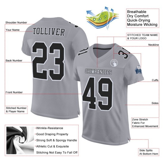 Custom Gray Black-White Mesh Authentic Football Jersey Custom Gray Black-White Mesh Authentic Football Jersey
